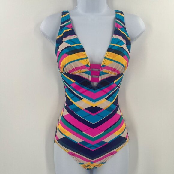 Figleaves Women Size 8L Colorful Geometric One Piece Swimsuit - Picture 11 of 12